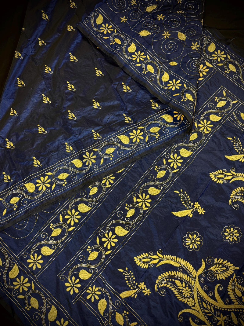 Midnight Blue Color Bangalori Silk Saree with Hand Kantha Stitch with Yellow Color Kantha | Handwoven Kantha Stitch Sarees