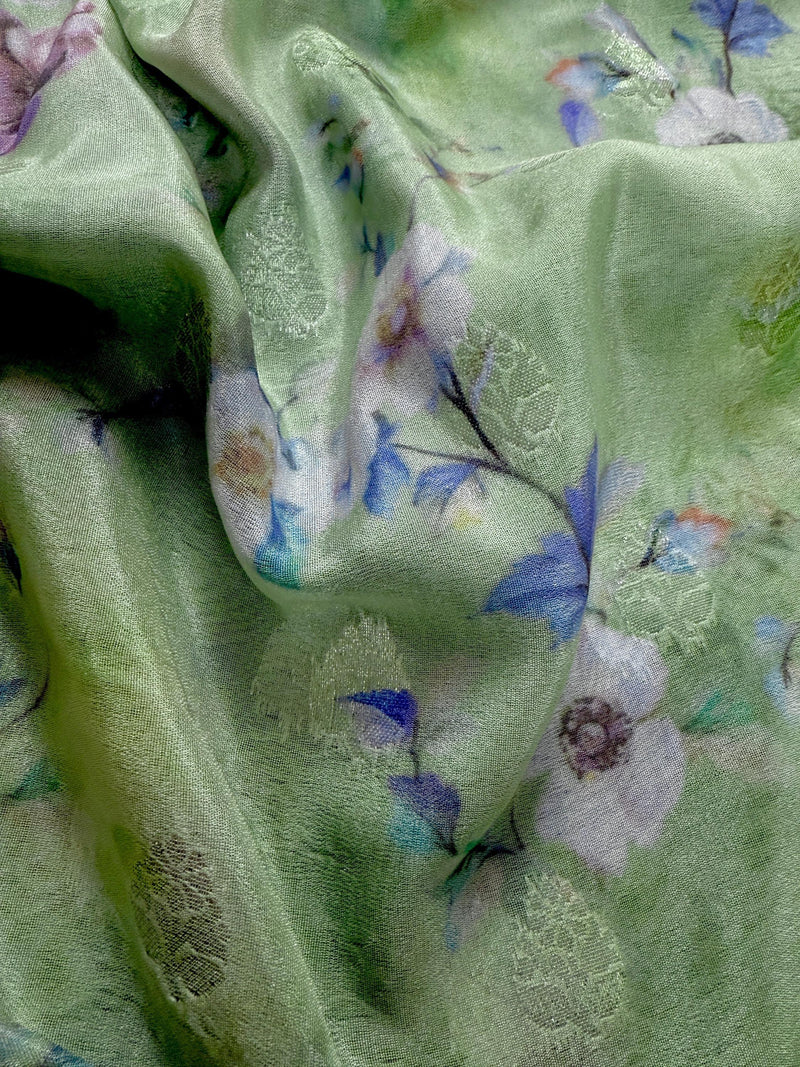 Pastel Pista Green with Hot Pink Color Chiffon Soft Kora Silk Saree with Sliver Zari | Floral Digital Prints | Chiffon Silk Sarees