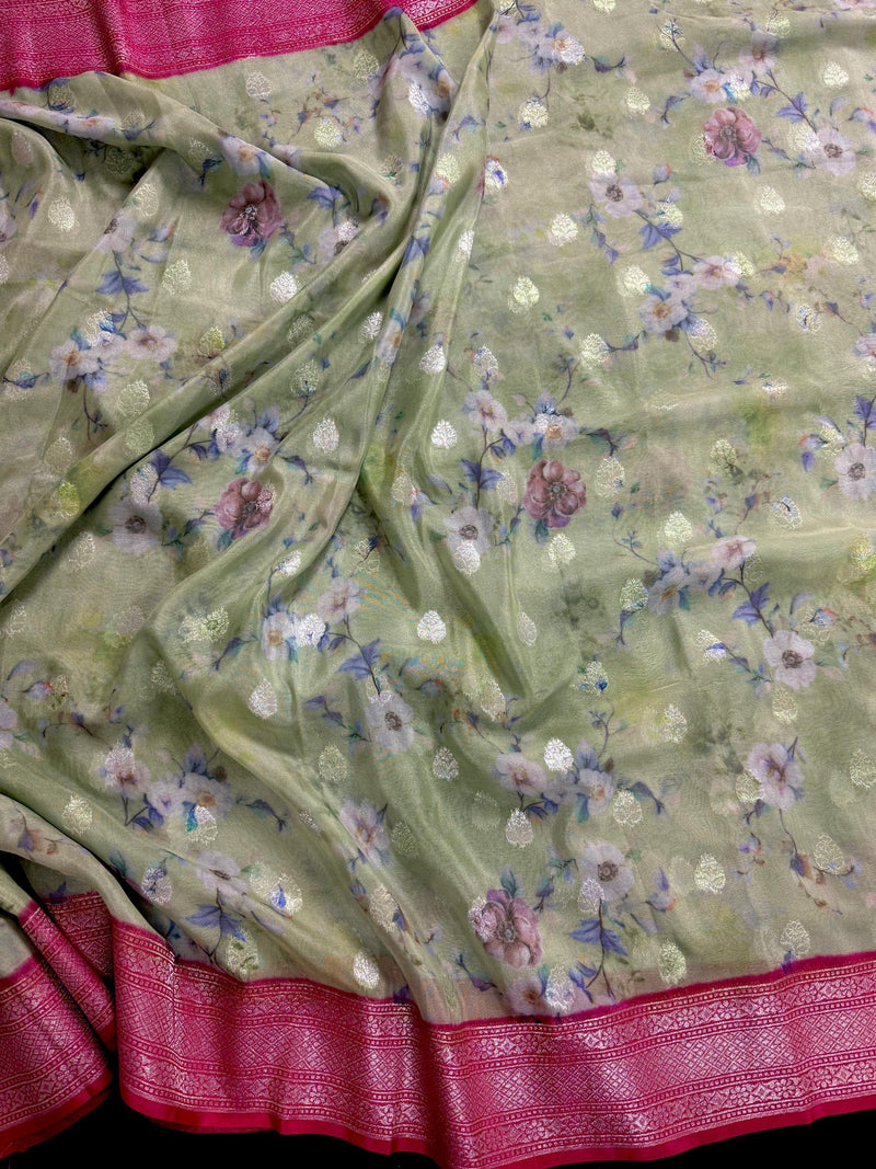Pastel Pista Green with Hot Pink Color Chiffon Soft Kora Silk Saree with Sliver Zari | Floral Digital Prints | Chiffon Silk Sarees