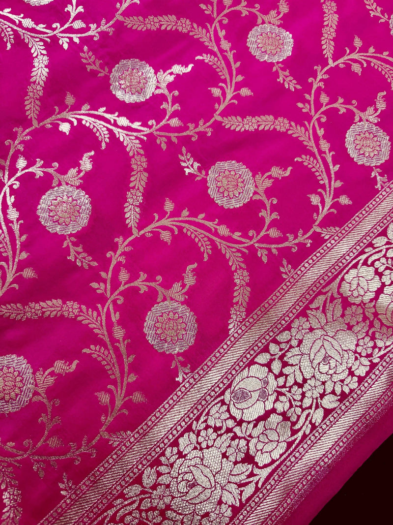 Hot Pink Color Semi Pure Mashru Silk Handloom Saree with Gold and Sliver Zari Weave | Banarasi Mashru Silk Sarees