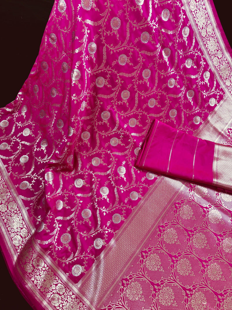 Hot Pink Color Semi Pure Mashru Silk Handloom Saree with Gold and Sliver Zari Weave | Banarasi Mashru Silk Sarees