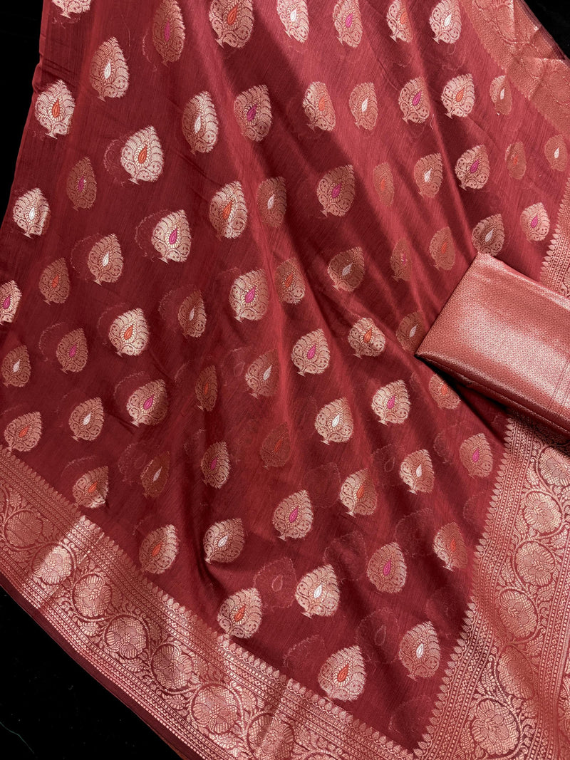Rust Color Banarasi soft Pure Cotton Silk Saree with Copper Zari with Floral Buttas