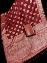 Rust Color Banarasi soft Pure Cotton Silk Saree with Copper Zari with Floral Buttas