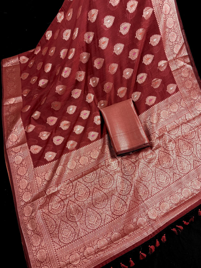 Rust Color Banarasi soft Pure Cotton Silk Saree with Copper Zari with Floral Buttas