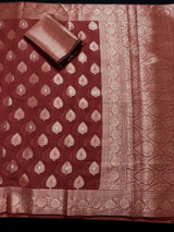 Rust Color Banarasi soft Pure Cotton Silk Saree with Copper Zari with Floral Buttas