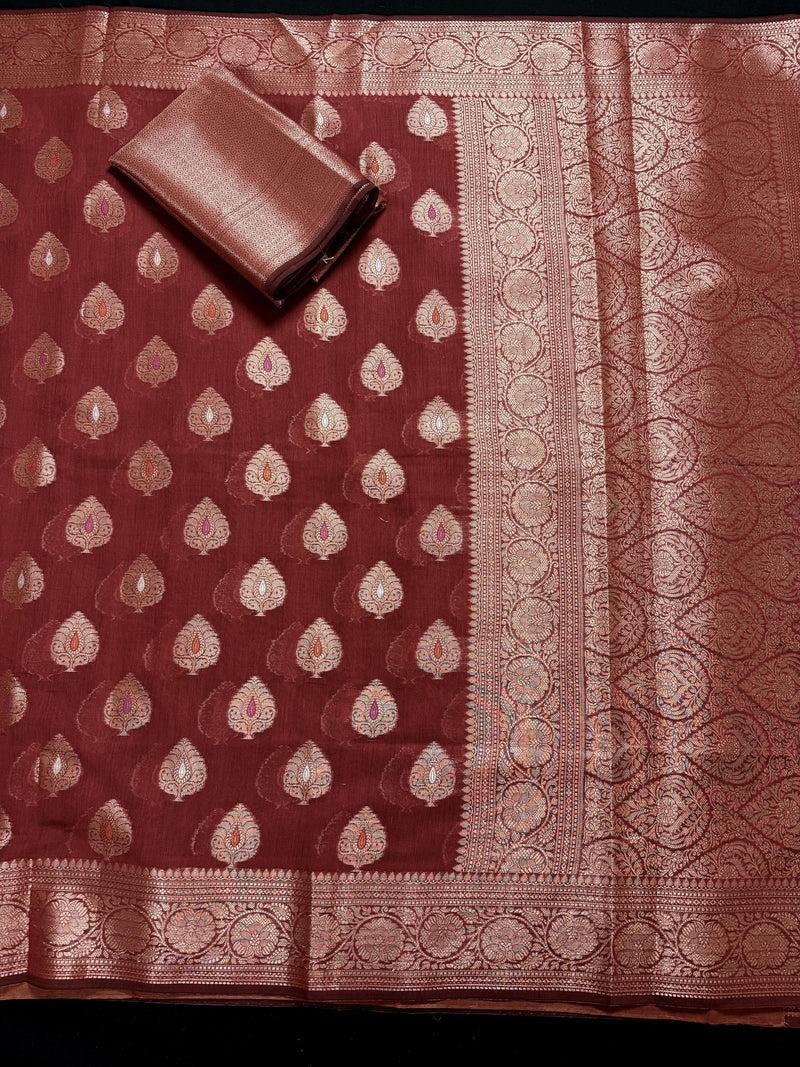 Rust Color Banarasi soft Pure Cotton Silk Saree with Copper Zari with Floral Buttas