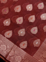 Rust Color Banarasi soft Pure Cotton Silk Saree with Copper Zari with Floral Buttas