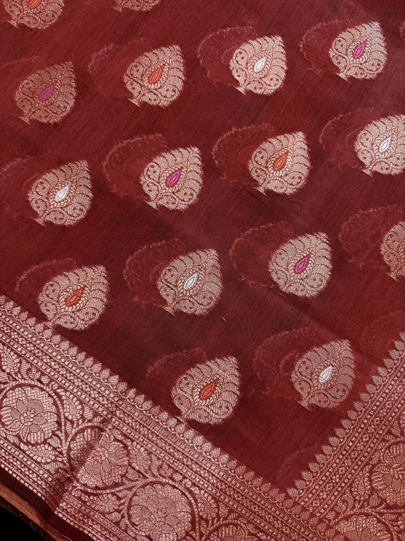 Rust Color Banarasi soft Pure Cotton Silk Saree with Copper Zari with Floral Buttas