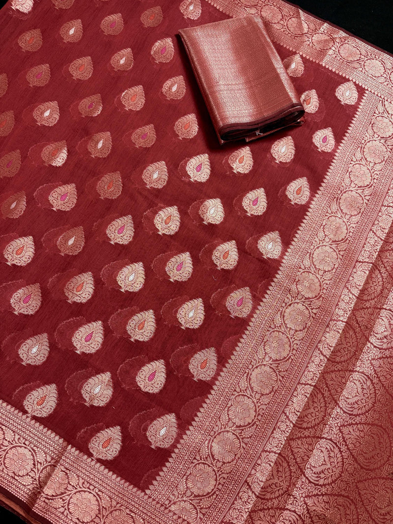 Rust Color Banarasi soft Pure Cotton Silk Saree with Copper Zari with Floral Buttas