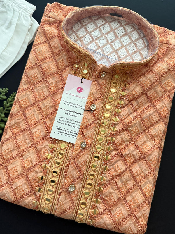 Peach Color Chikankari Embroidery Kurta for Men | Mirror Work & Handblock Prints | Kurta Pajama Set for Wedding and Parties