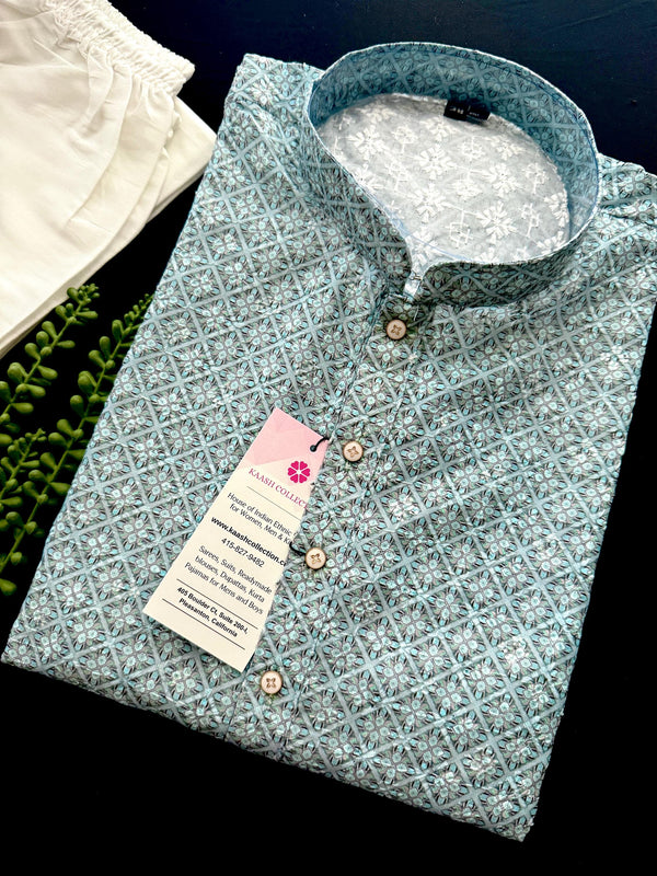 Sea Blue Color Designer Kurta with Floral Digital Print in Soft 100% Cotton with Emberiodery and Sequin Work | Mens Ethnic Wear