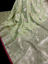 Statement Handmade Pastel Pista Green Banarasi Semi Katan Silk Saree with Meenakari and Muted Gold Zari Weave