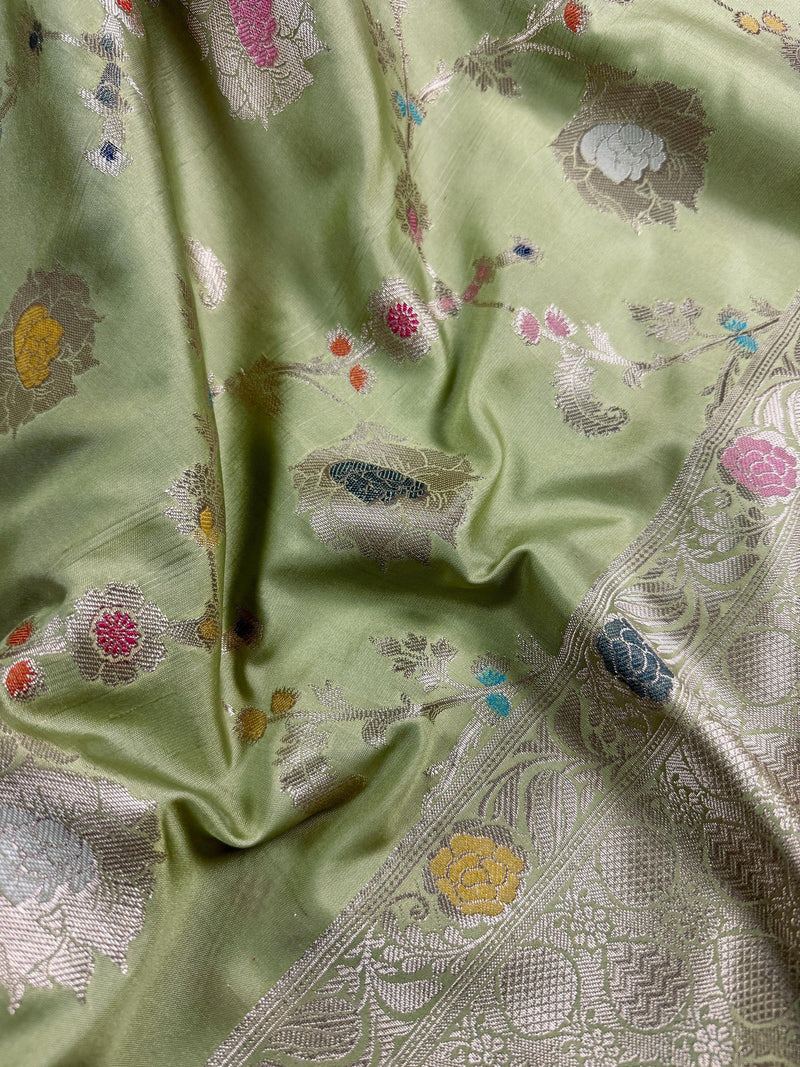 Statement Handmade Pastel Pista Green Banarasi Semi Katan Silk Saree with Meenakari and Muted Gold Zari Weave