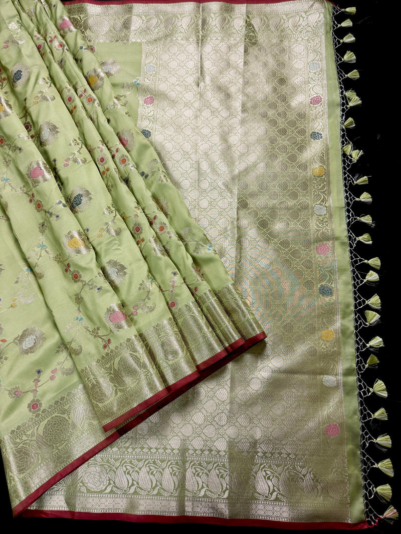 Statement Handmade Pastel Pista Green Banarasi Semi Katan Silk Saree with Meenakari and Muted Gold Zari Weave