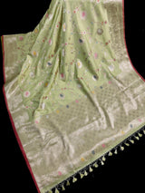 Statement Handmade Pastel Pista Green Banarasi Semi Katan Silk Saree with Meenakari and Muted Gold Zari Weave