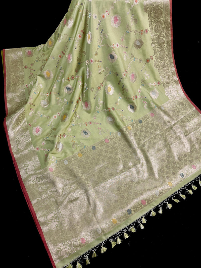 Statement Handmade Pastel Pista Green Banarasi Semi Katan Silk Saree with Meenakari and Muted Gold Zari Weave