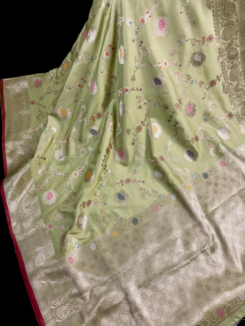 Statement Handmade Pastel Pista Green Banarasi Semi Katan Silk Saree with Meenakari and Muted Gold Zari Weave