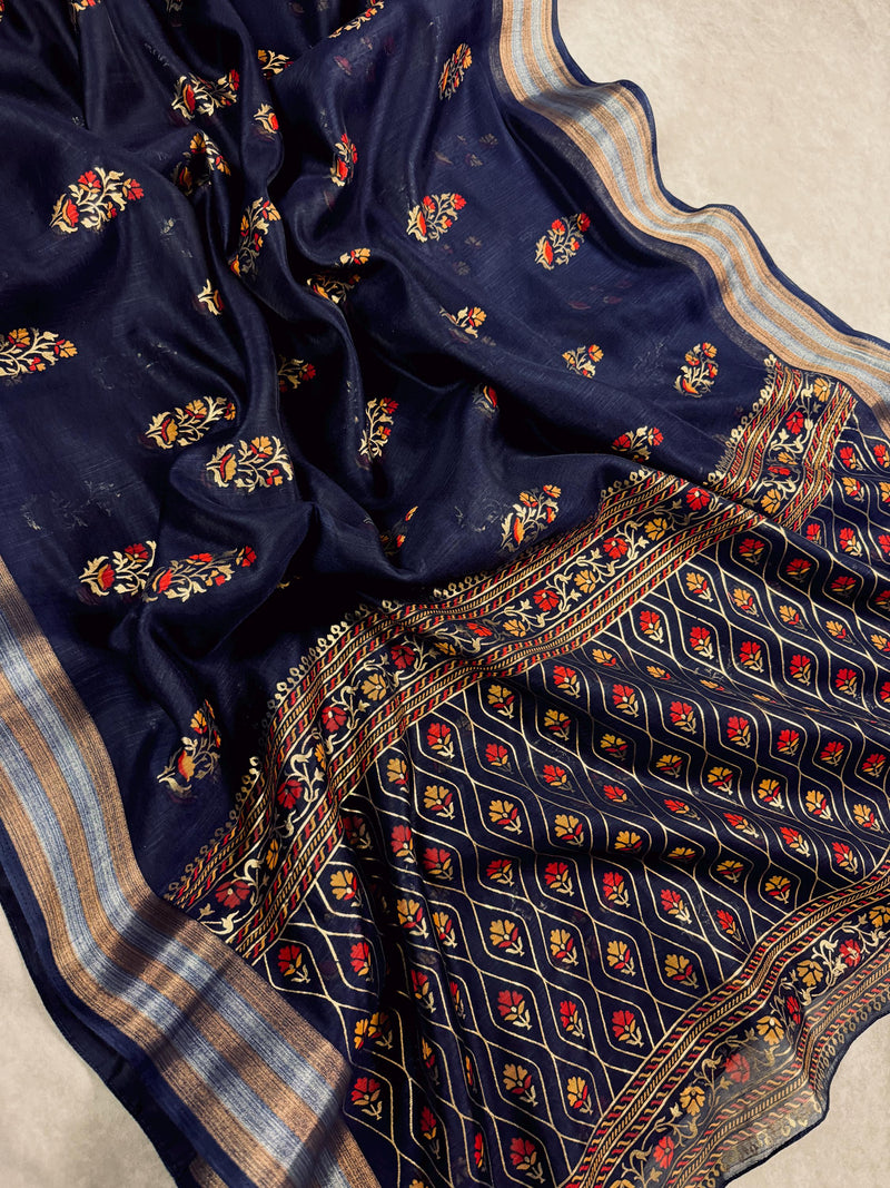 Blue Color Cotton Silk Saree with Foil Prints and Tissue Zari Border | Soft Cotton Silk Saree