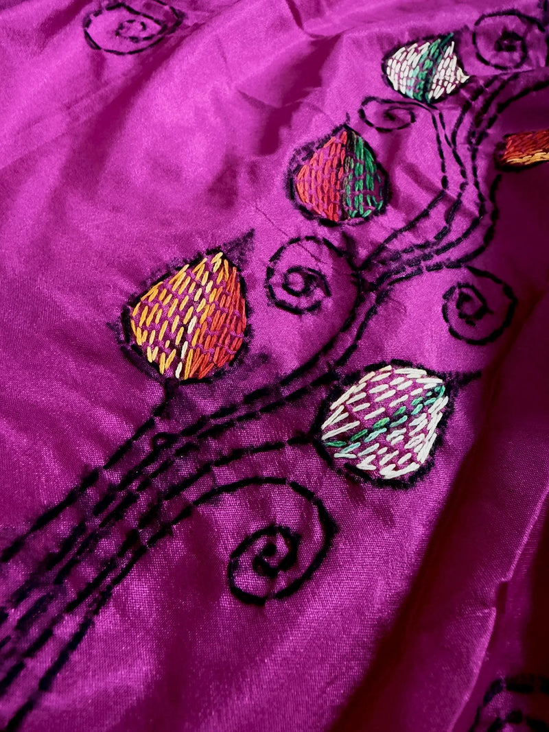 Purple Color Bangalori Silk Saree with Hand Kantha Stitch | Handwoven Kantha Stitch Sarees | Kantha Saress | Bengal Sarees