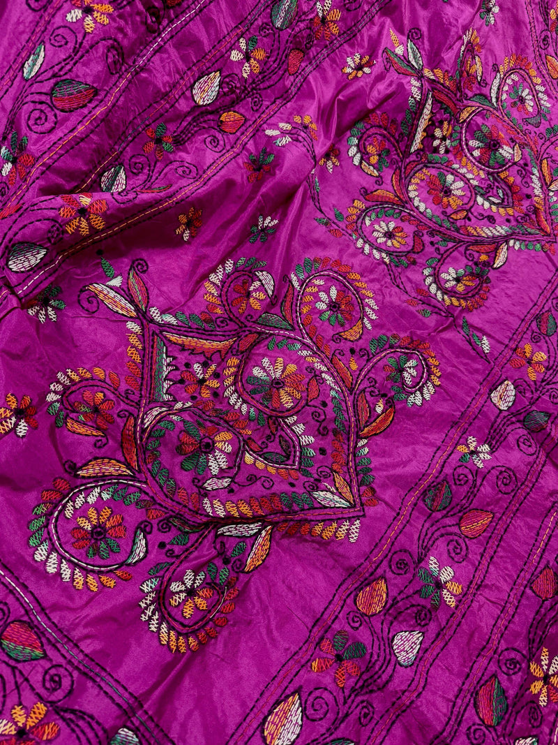 Purple Color Bangalori Silk Saree with Hand Kantha Stitch | Handwoven Kantha Stitch Sarees | Kantha Saress | Bengal Sarees