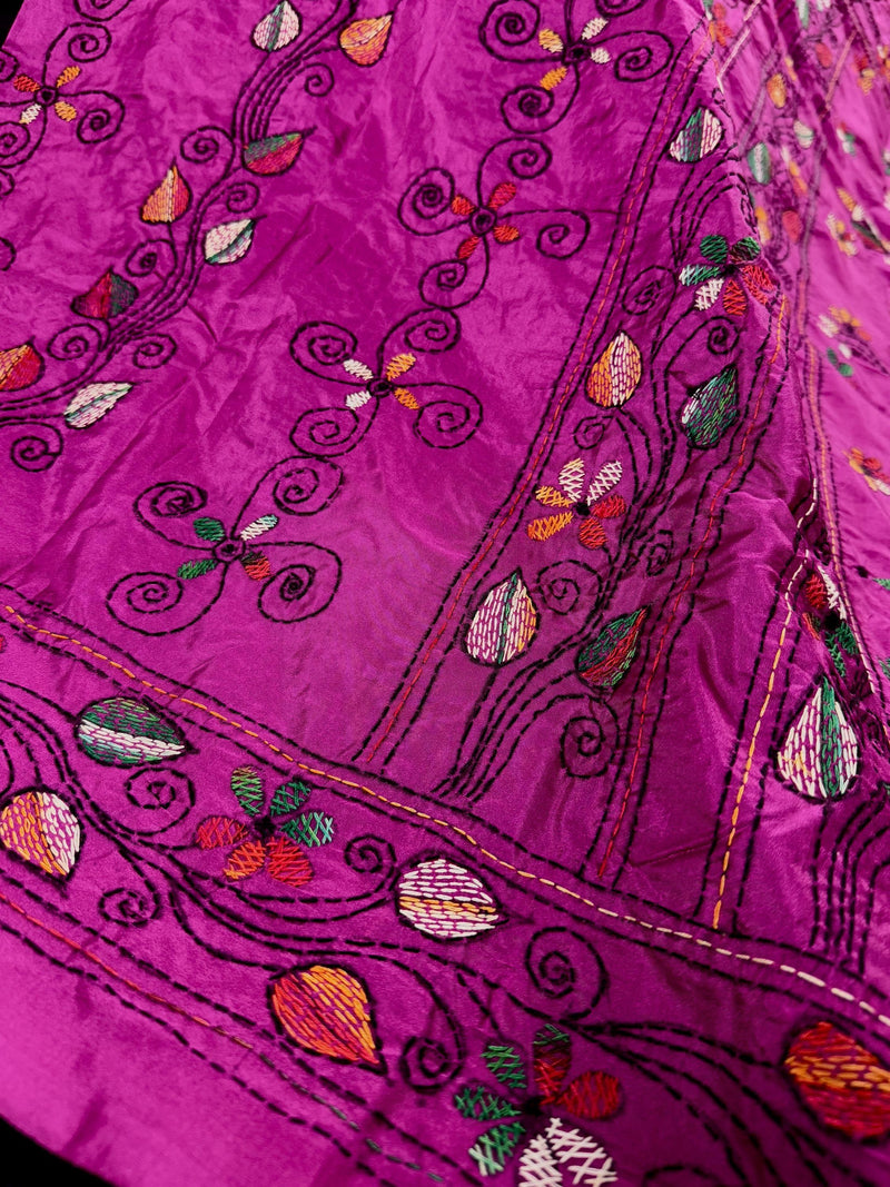 Purple Color Bangalori Silk Saree with Hand Kantha Stitch | Handwoven Kantha Stitch Sarees | Kantha Saress | Bengal Sarees
