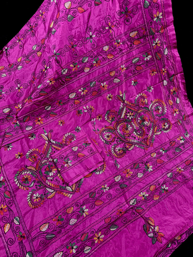 Purple Color Bangalori Silk Saree with Hand Kantha Stitch | Handwoven Kantha Stitch Sarees | Kantha Saress | Bengal Sarees