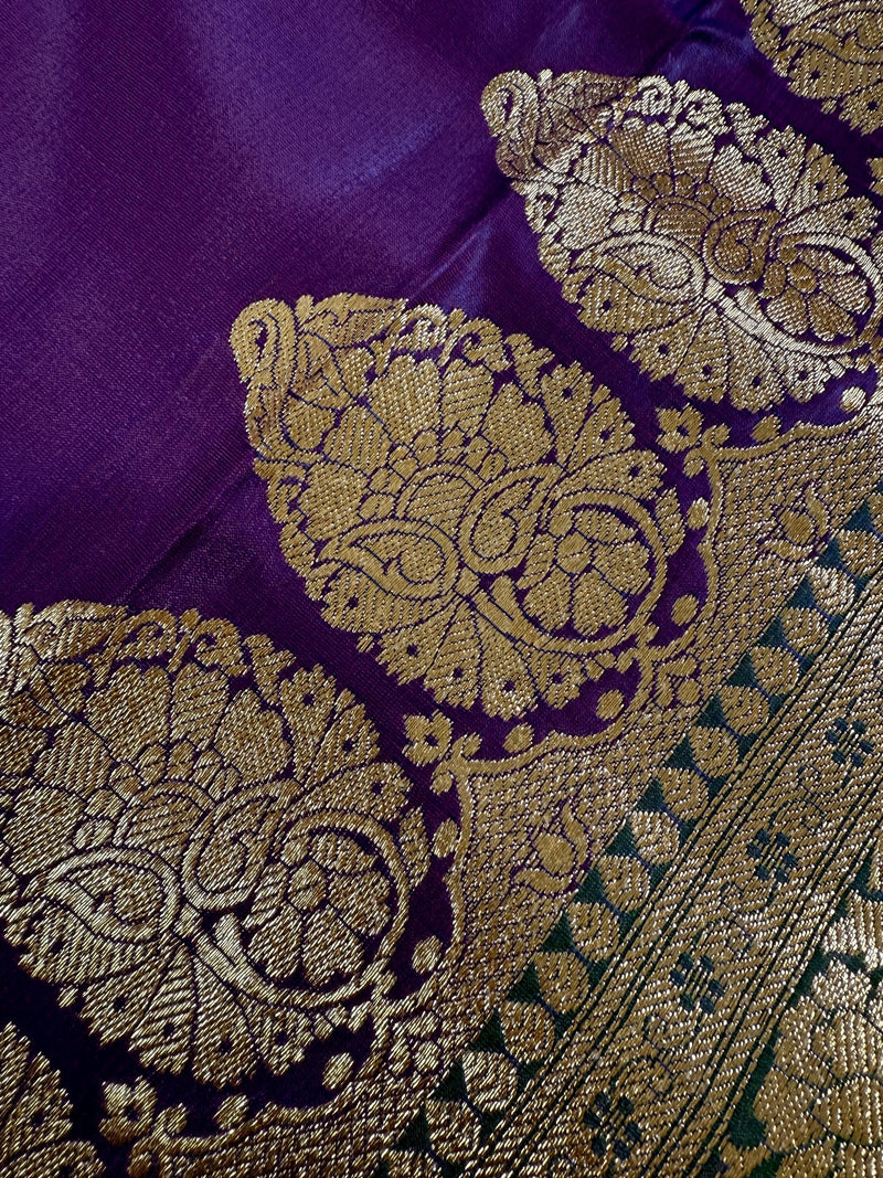 Dual Shade Purple and Blue Traditional Banarasi Satin Silk Handloom Saree with Bottle Green borders  Pallu