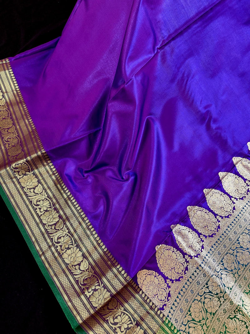 Dual Shade Purple and Blue Traditional Banarasi Satin Silk Handloom Saree with Bottle Green borders  Pallu