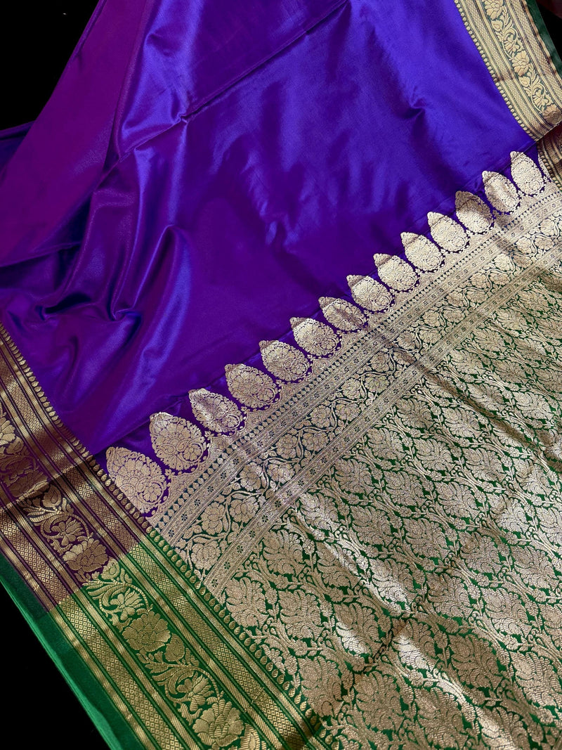 Dual Shade Purple and Blue Traditional Banarasi Satin Silk Handloom Saree with Bottle Green borders  Pallu