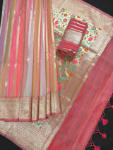 Rangkat Coral Color with Multi Color Striped Banarasi Organza Silk Saree with Muted Gold Zari and Paithani