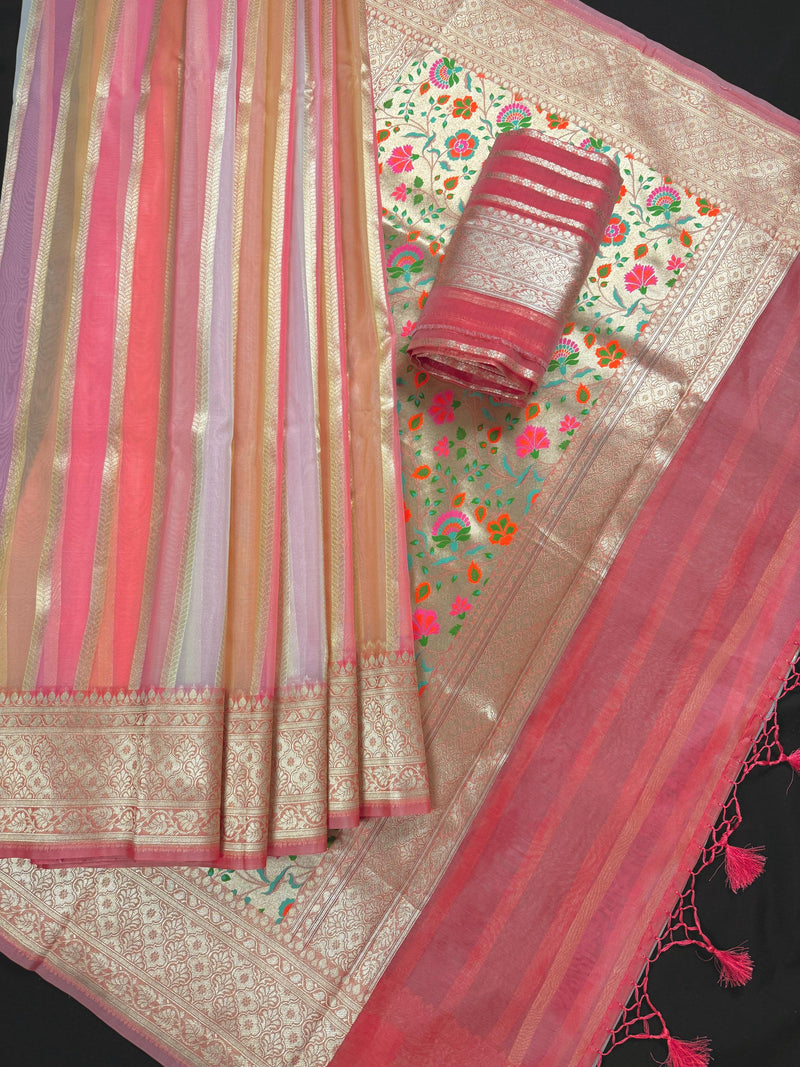 Rangkat Coral Color with Multi Color Striped Banarasi Organza Silk Saree with Muted Gold Zari and Paithani