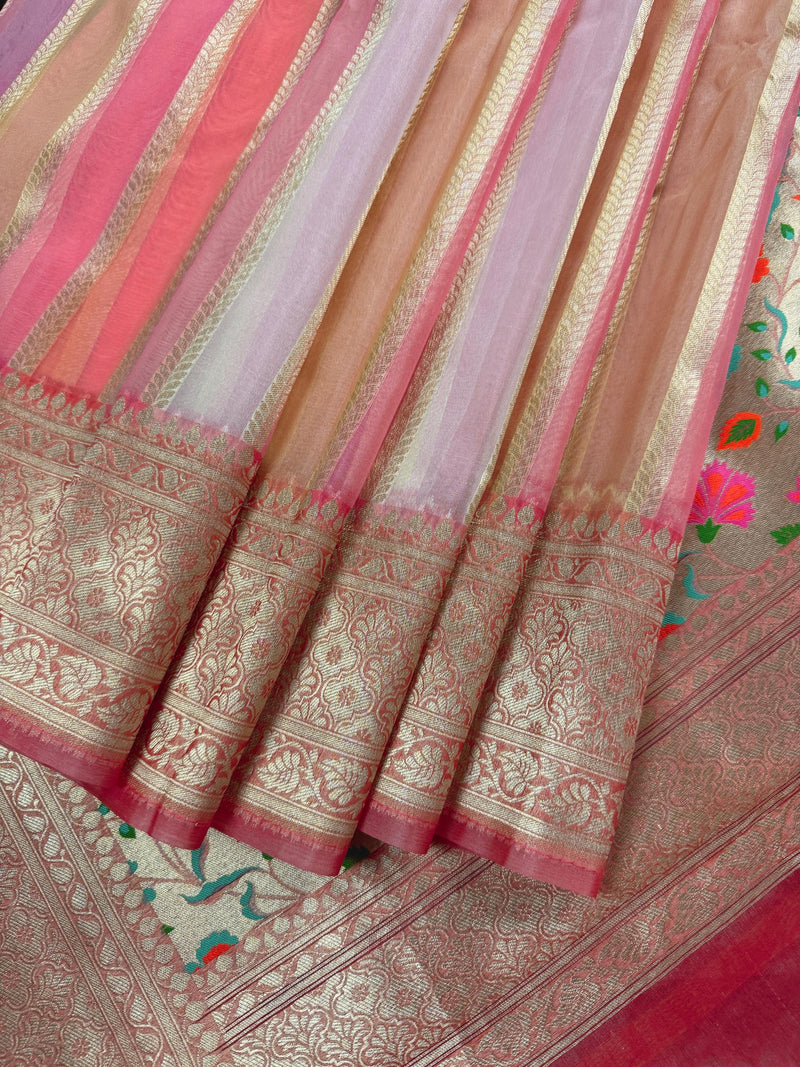 Rangkat Coral Color with Multi Color Striped Banarasi Organza Silk Saree with Muted Gold Zari and Paithani