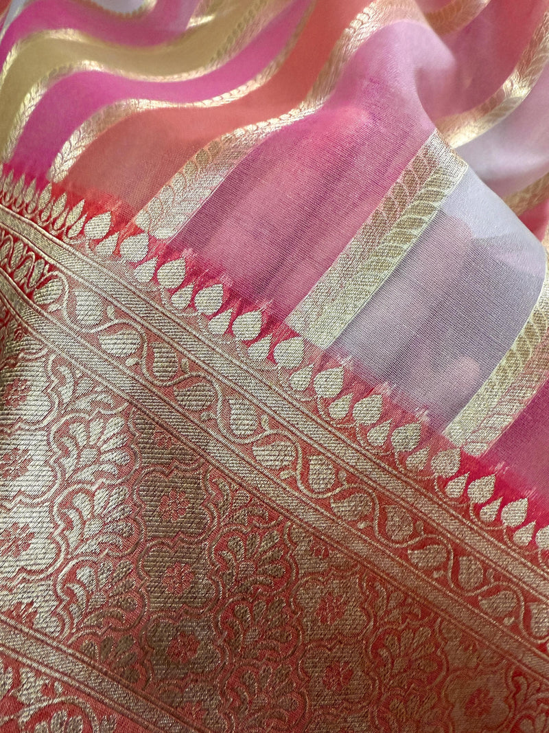 Rangkat Coral Color with Multi Color Striped Banarasi Organza Silk Saree with Muted Gold Zari and Paithani