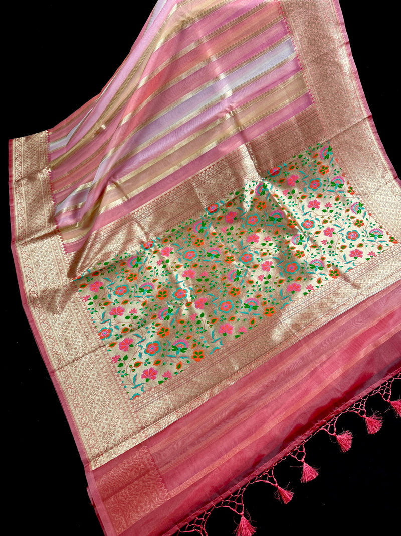 Rangkat Coral Color with Multi Color Striped Banarasi Organza Silk Saree with Muted Gold Zari and Paithani
