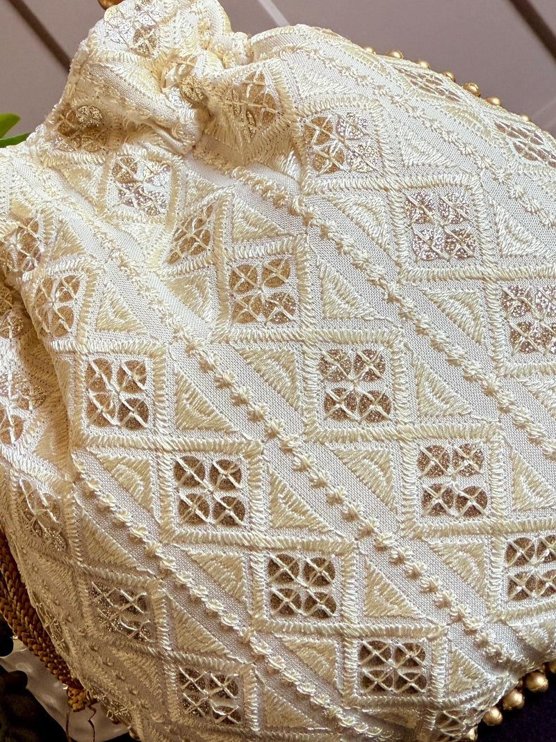 Off White Color Raw Silk Light Weight Potli Bag | Embroidery and Gotta Patti Work Potli Bags | Bags for Gifts | Wedding Bags