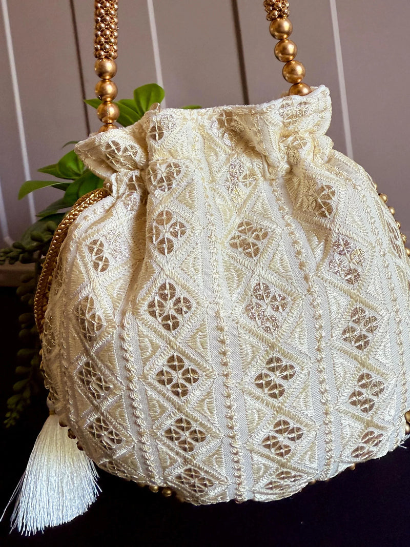 Off White Color Raw Silk Light Weight Potli Bag | Embroidery and Gotta Patti Work Potli Bags | Bags for Gifts | Wedding Bags