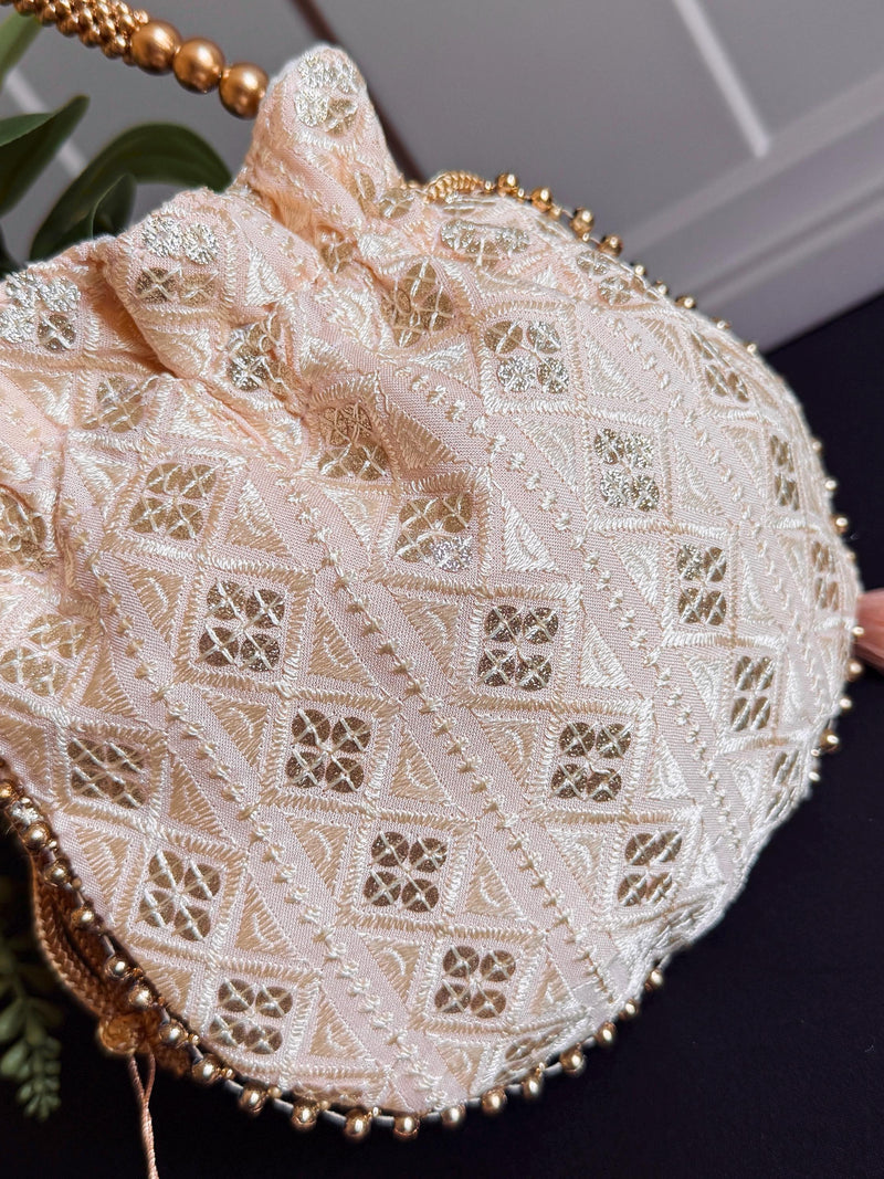 Pastel Peach Color Raw Silk Light Weight Potli Bag | Embroidery and Gotta Patti Work Potli Bags | Bags for Gifts | Wedding Bags