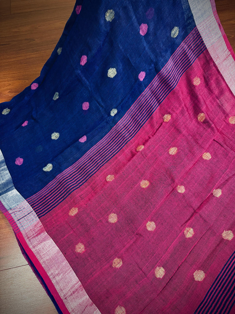 Pure Khaadi Cotton blend with Linen in Navy Blue and Purple Pink Color Saree with Sliver Zari Borders | Cotton and Linen Sarees