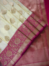 Cream Off White Color Traditional Banarasi Silk Handloom Saree Satin Patta Border in Pink Color  | Floral Saree