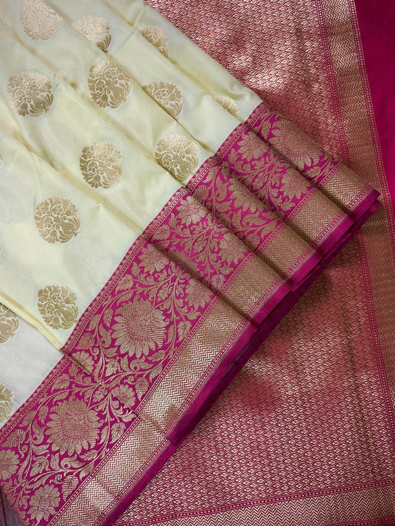 Cream Off White Color Traditional Banarasi Silk Handloom Saree Satin Patta Border in Pink Color  | Floral Saree