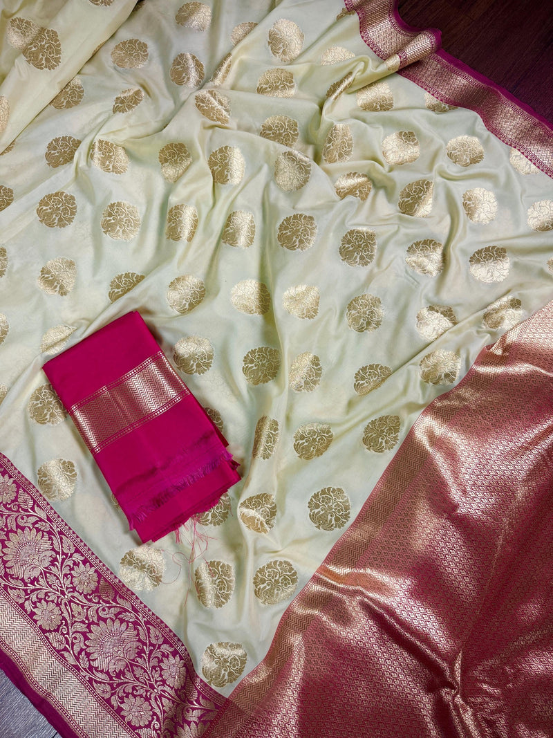 Cream Off White Color Traditional Banarasi Silk Handloom Saree Satin Patta Border in Pink Color  | Floral Saree