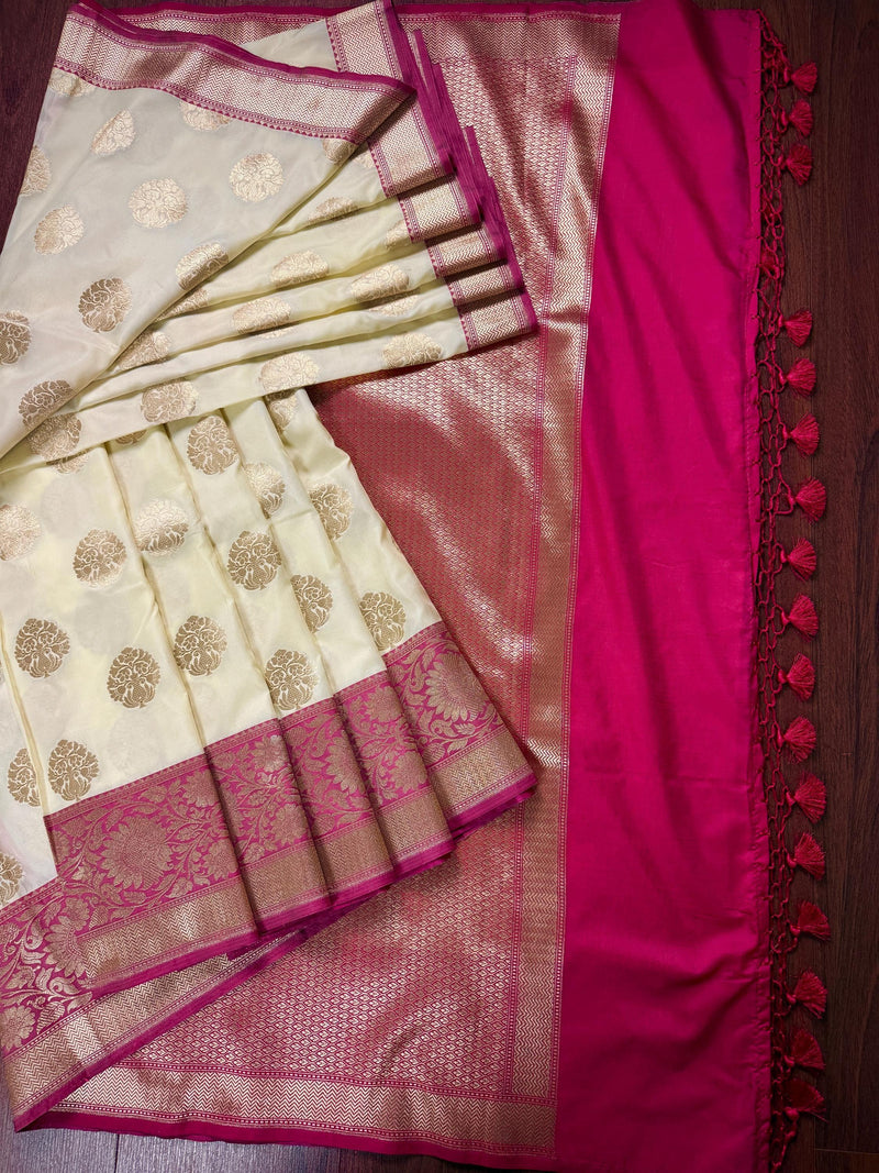 Cream Off White Color Traditional Banarasi Silk Handloom Saree Satin Patta Border in Pink Color  | Floral Saree