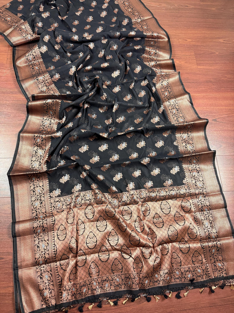Statement Handmade Black Color Banarasi Cotton Silk Saree with Antique Zari Weave | Saree in USA | Black Color Saree | Ships from California