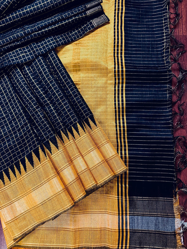 Black and Mustard Yellow Pure Raw Silk Saree with Temple Borders with Checks | Handwoven Saree | SILK MARK CERTIFIED