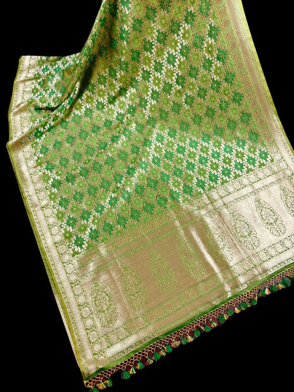 Dual Shade of Green Saree in  Banarasi Butter Soft Silk in Muted Gold Zari with Floral Design in Bandhej Pattern with Contrast Blouse