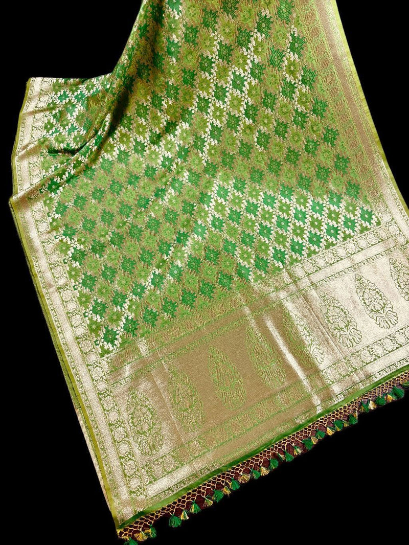 Dual Shade of Green Saree in  Banarasi Butter Soft Silk in Muted Gold Zari with Floral Design in Bandhej Pattern with Contrast Blouse
