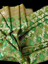 Dual Shade of Green Saree in  Banarasi Butter Soft Silk in Muted Gold Zari with Floral Design in Bandhej Pattern with Contrast Blouse