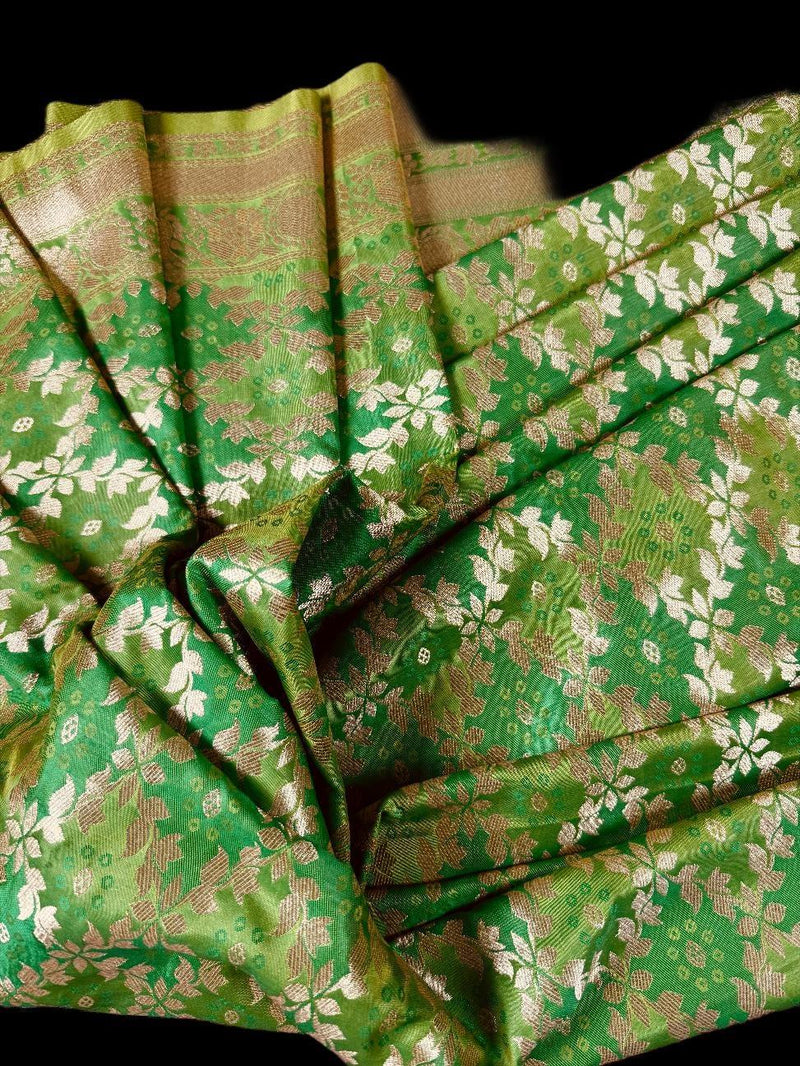 Dual Shade of Green Saree in  Banarasi Butter Soft Silk in Muted Gold Zari with Floral Design in Bandhej Pattern with Contrast Blouse