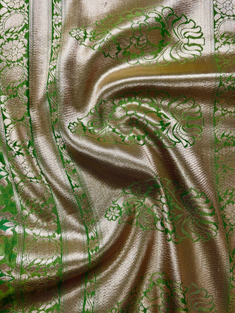 Dual Shade of Green Saree in  Banarasi Butter Soft Silk in Muted Gold Zari with Floral Design in Bandhej Pattern with Contrast Blouse