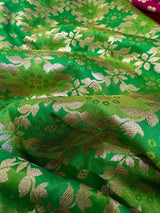 Dual Shade of Green Saree in  Banarasi Butter Soft Silk in Muted Gold Zari with Floral Design in Bandhej Pattern with Contrast Blouse